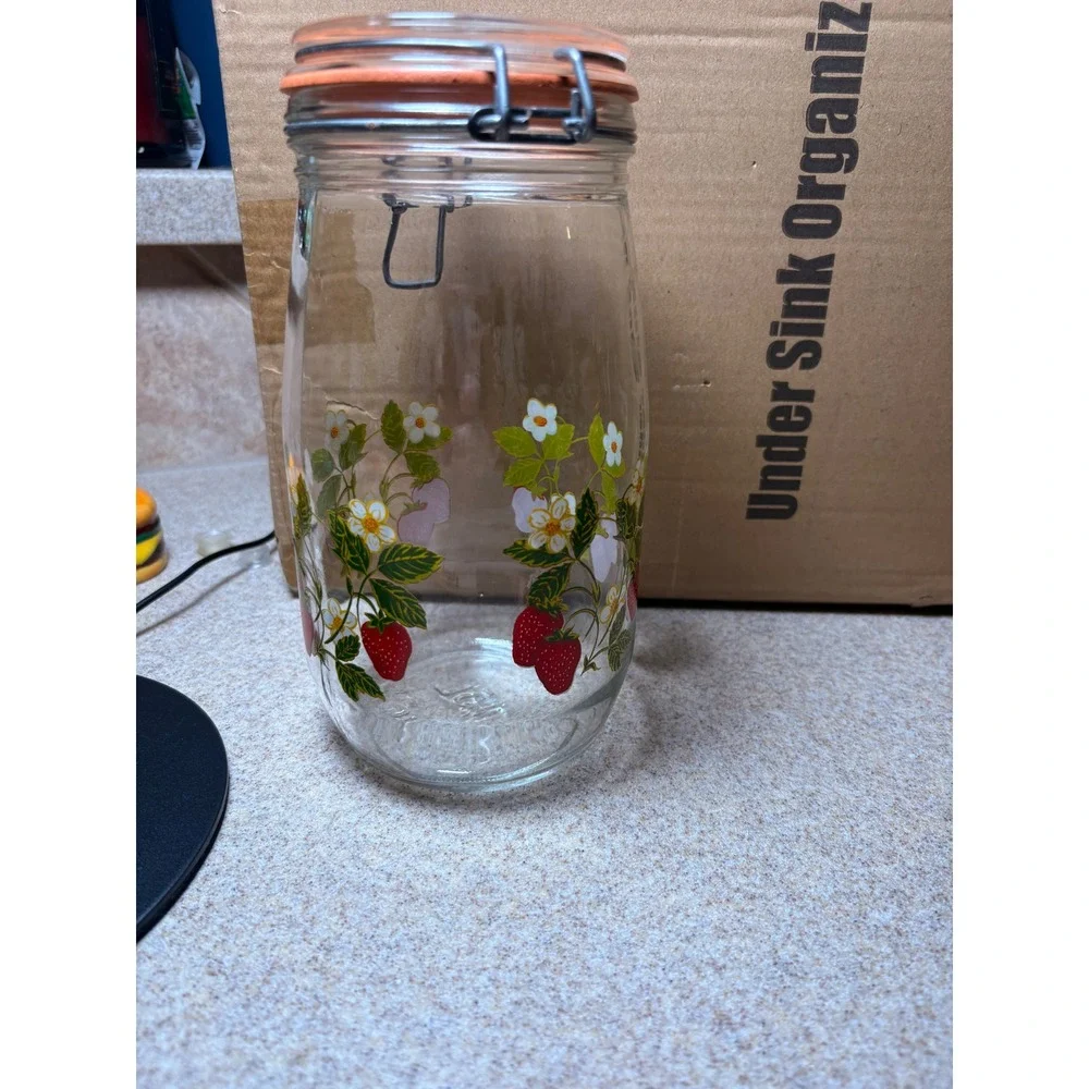 Arc France Strawberry Glass Canister 1.5L Clear Good Vintage Swing Top Jar